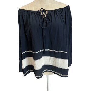 Navy & White Off-Shoulder Boho Top W/Tie Detail & Flowy Sleeves XL